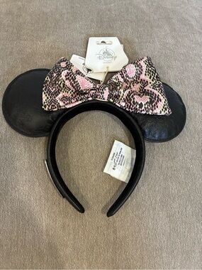 Disney Black Minnie Ear Headband with Pink Snake-Print Bow